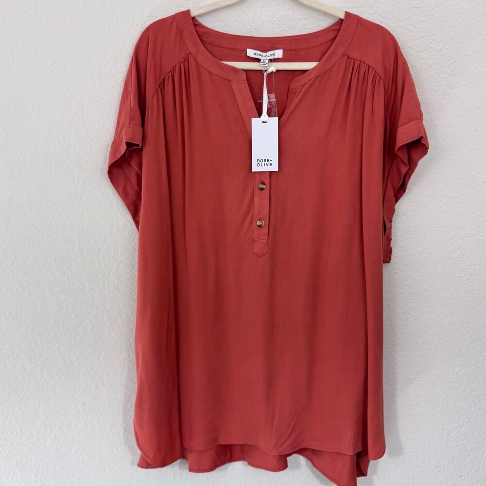 Rose + Olive Womens Blouse Top Size 2X Flowy Short Sleeve Rayon Lightweight Rust
